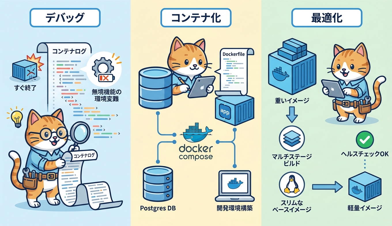 デバッグ・コンテナ化・最適化の3つのユースケースを示すワークフロー図