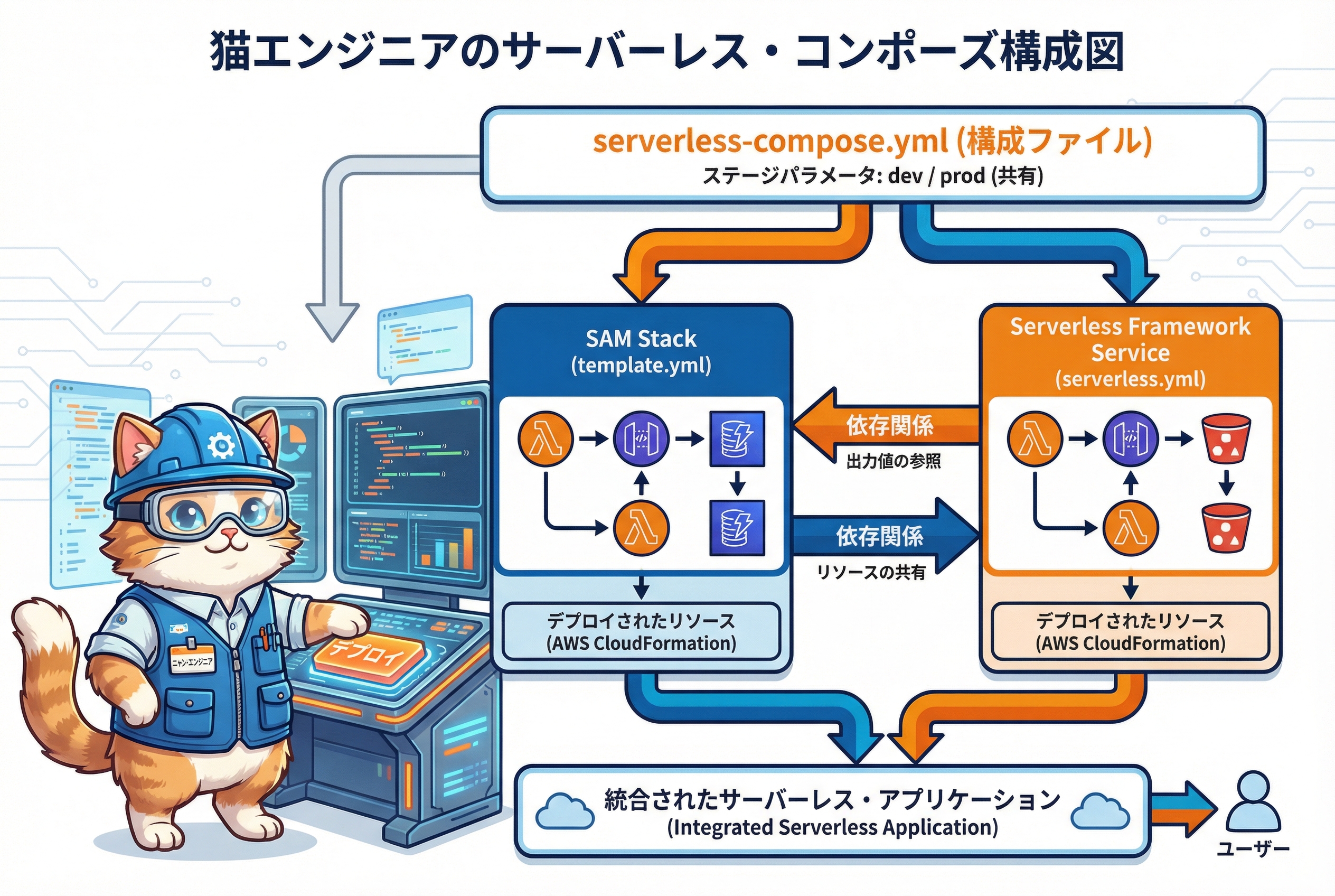 Serverless Compose で SAM スタックと SLS サービスを混在管理するアーキテクチャ図（猫エンジニア解説）
