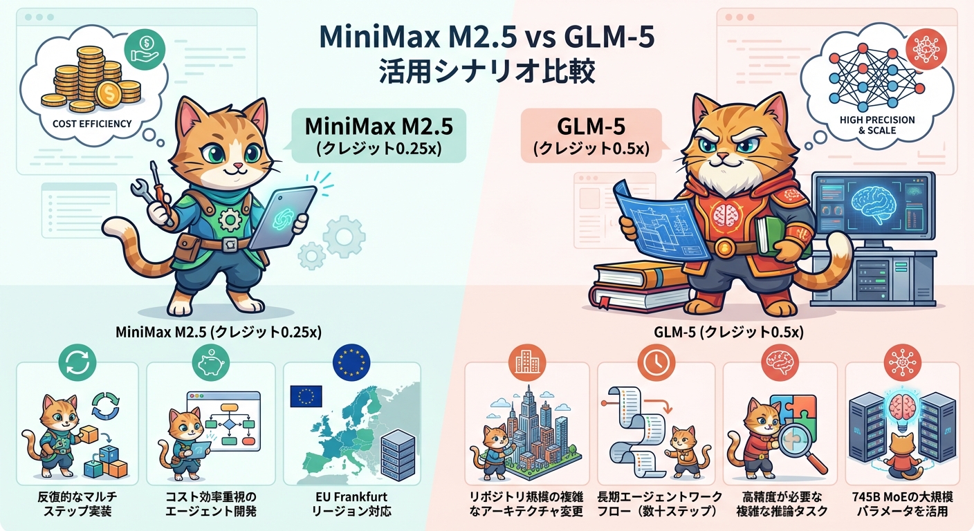 MiniMax M2.5 と GLM-5 活用シナリオ比較インフォグラフィック