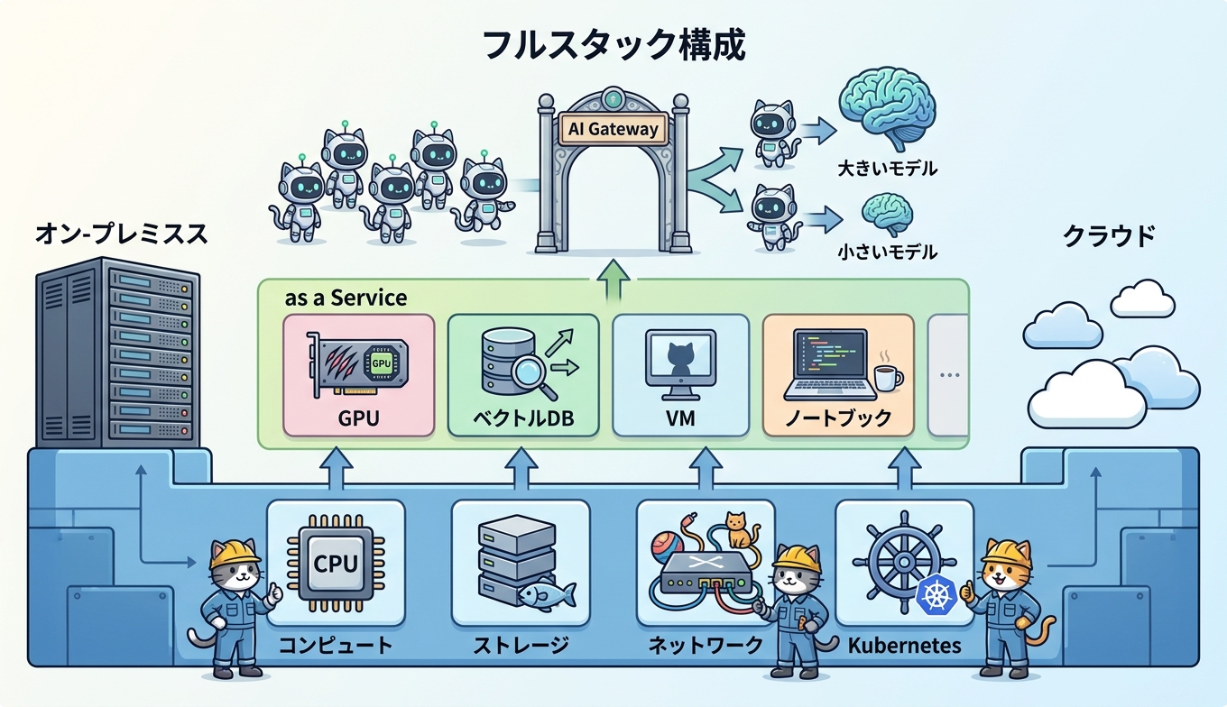 Nutanix Agentic AI のフルスタック構成を示す概念図。下層のインフラから上層の AI Gateway とエージェントまでをレイヤーで表現