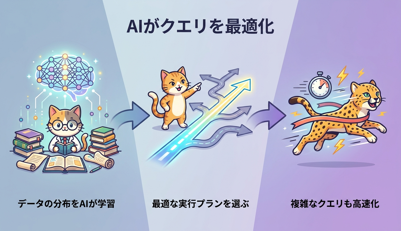AI Query Optimizer がデータ分布を学習し最適な実行プランを選ぶ流れ
