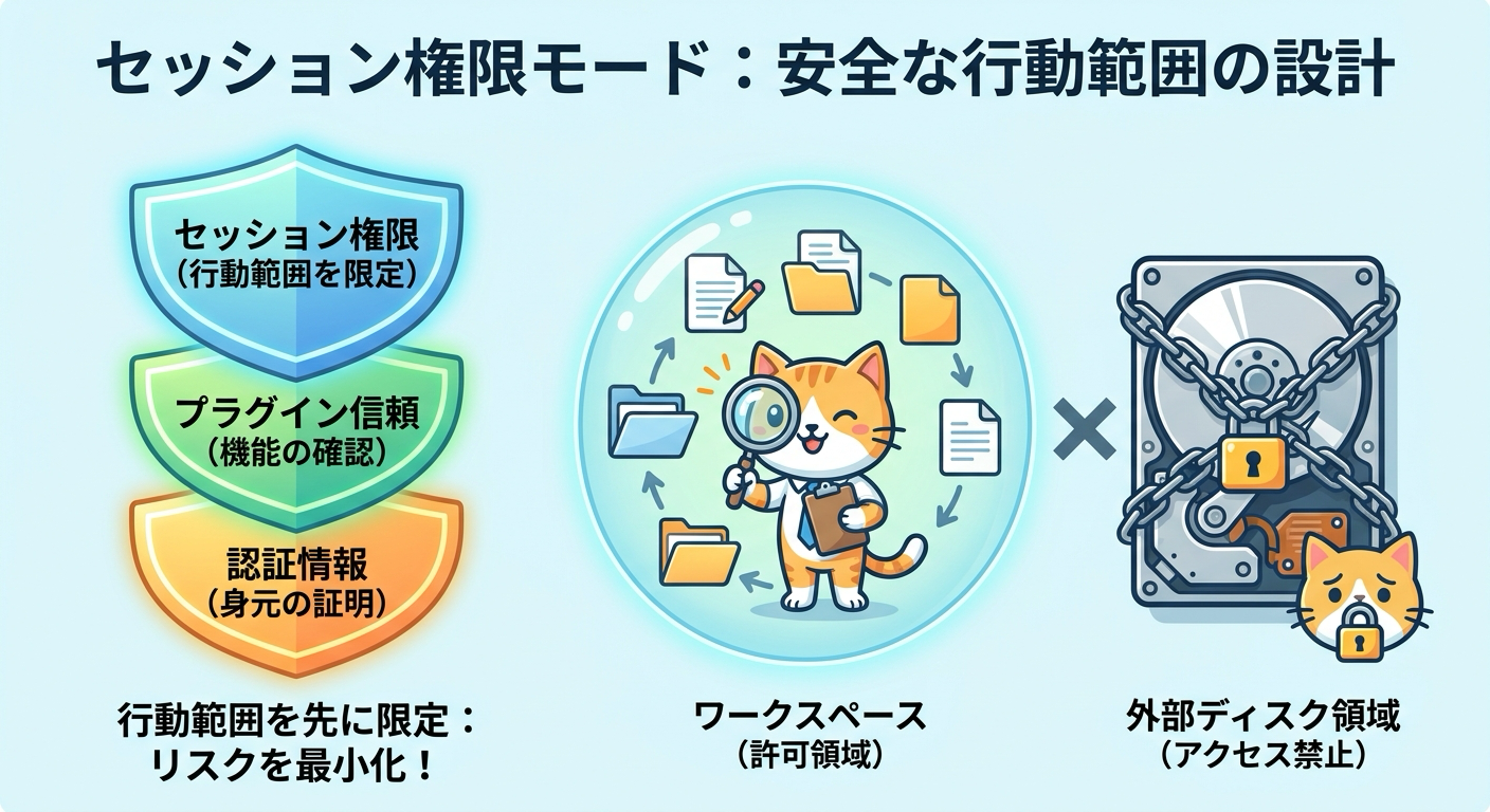 セッション権限モードとワークスペース固定を含む3つの防御層の全体像
