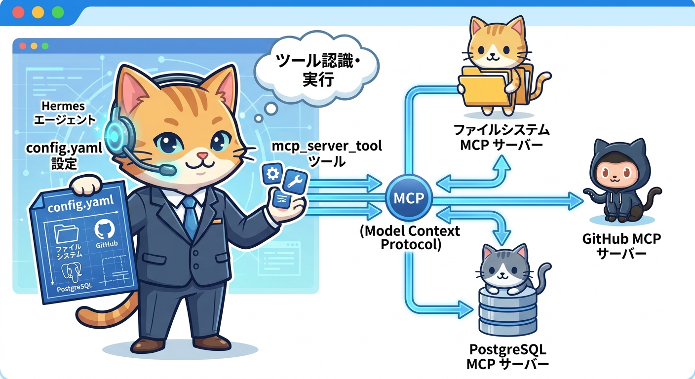 Hermes AgentとMCPサーバーの連携を示すインフォグラフィック