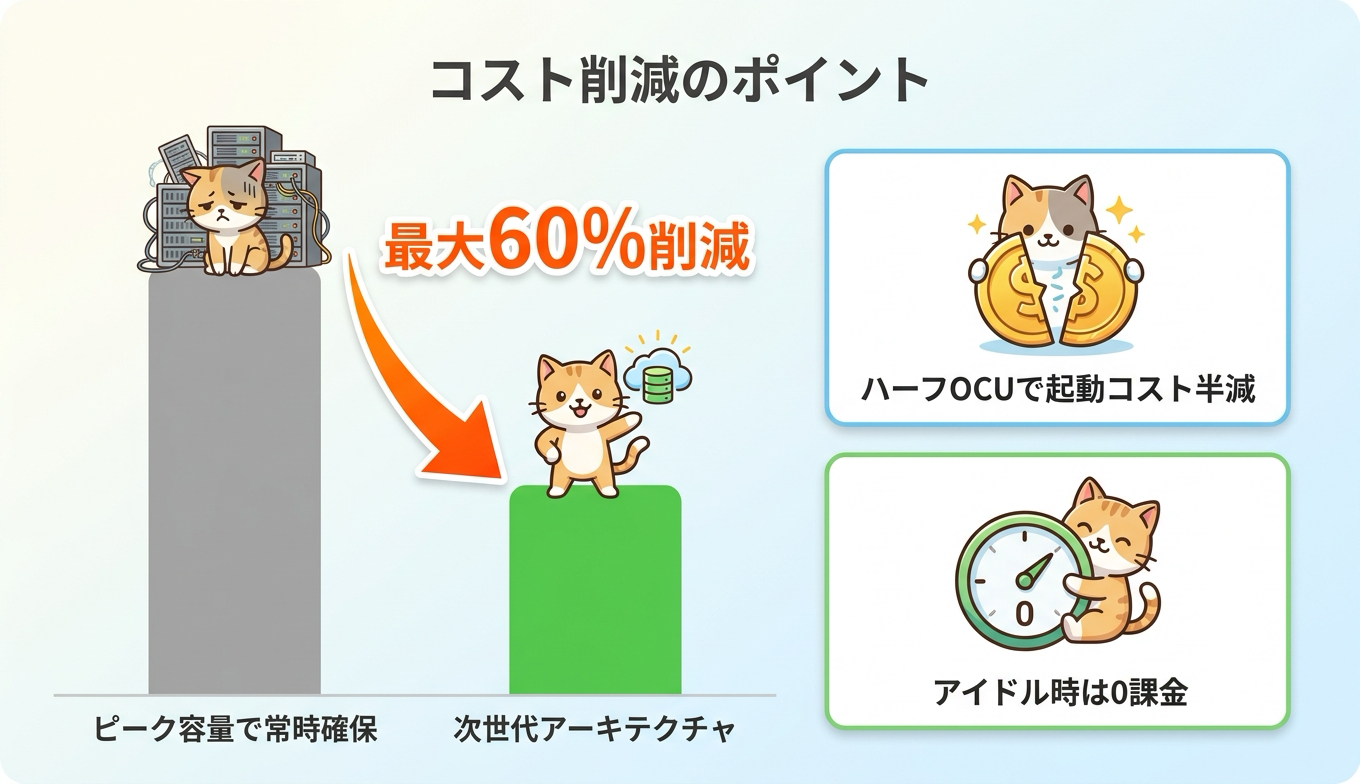 コスト構造の比較イメージ。ピーク容量プロビジョニングと比べて最大60%削減、ハーフ OCU による起動コスト半減を示すインフォグラフィック