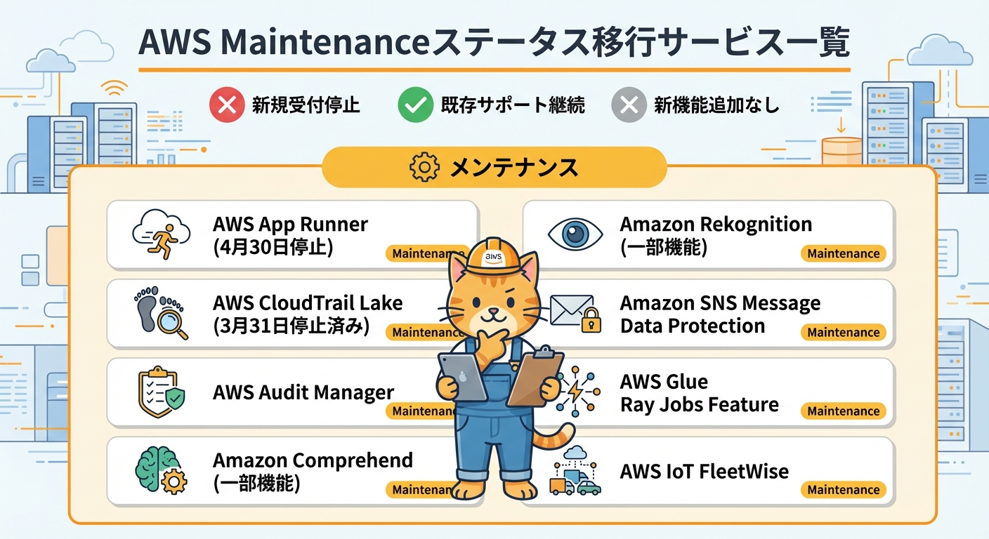 AWSサービスライフサイクル変更 Maintenance移行サービスまとめ - 各サービスの概要と影響範囲を示すインフォグラフィック