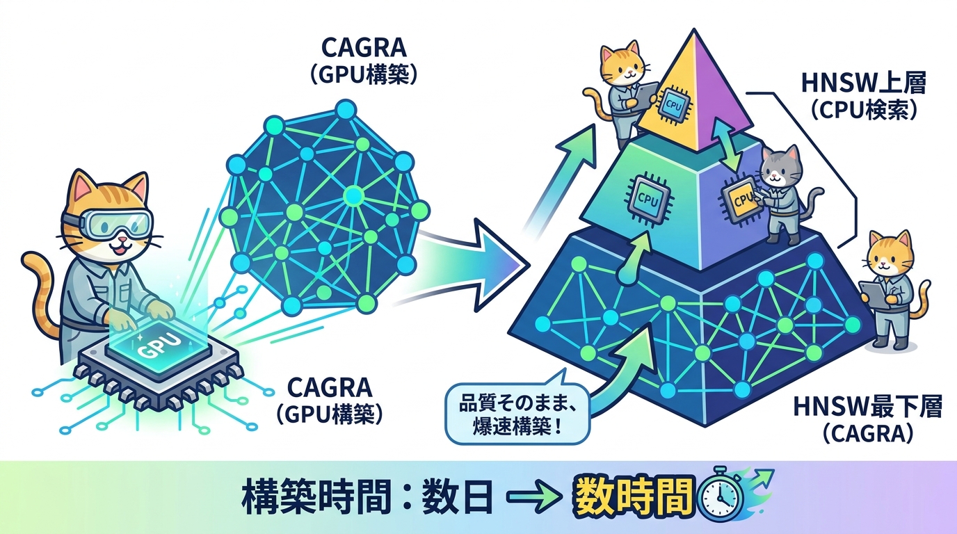 CAGRAのグラフがHNSWの最下層になり構築時間が数日から数時間へ短縮されるイメージ
