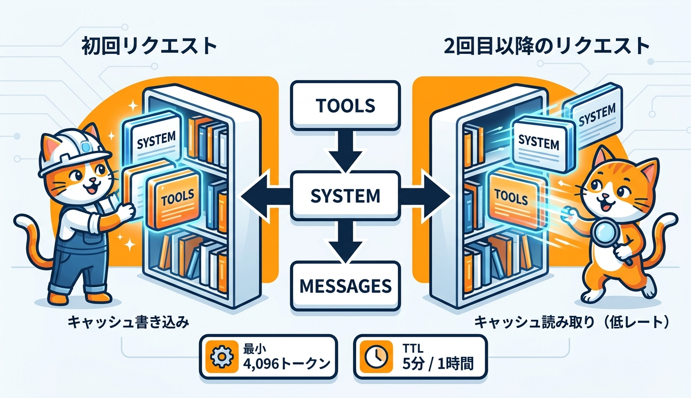 prompt cachingの動作フロー図。初回のキャッシュ書き込みと2回目以降の読み取りヒット、tools→system→messagesの処理順を示す
