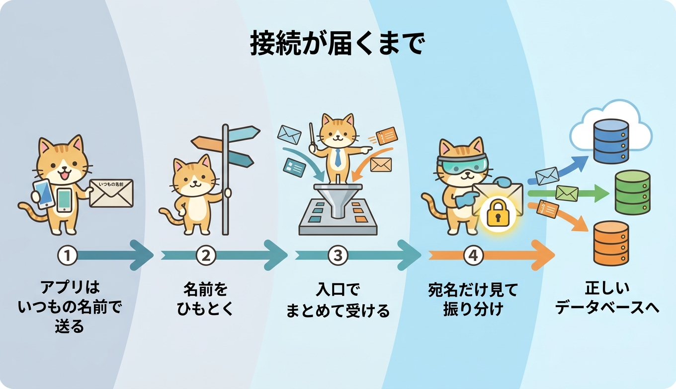 カスタムドメインからRoute 53、NLB、SNIプロキシを経てRDS for Db2へ接続が届くまでの流れを示したアーキテクチャ図