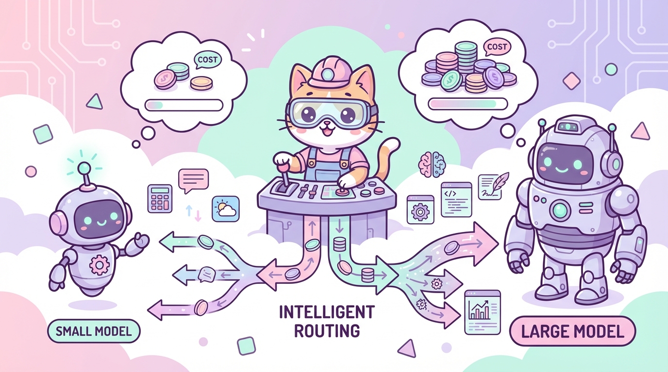 AIエージェントのトークン消費とインテリジェントルーティングを示す猫エンジニアのインフォグラフィック