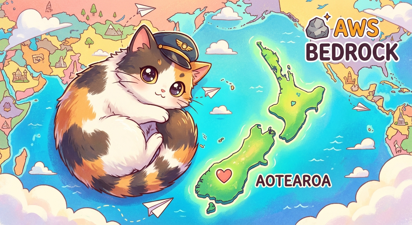 ニュージーランドとAWS Bedrockを示すネコ