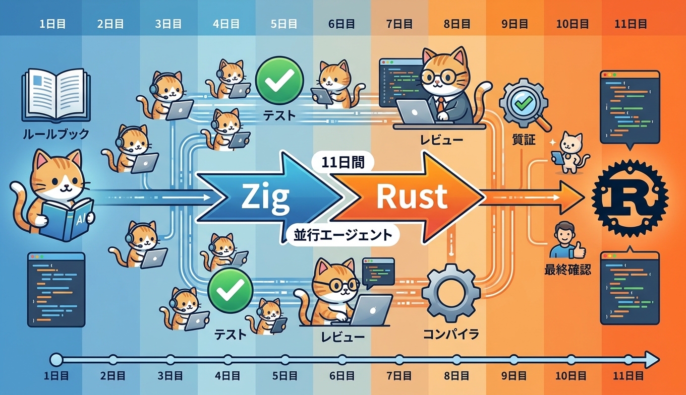 Bun 1.4のZigからRustへの移植タイムラインと開発体制の図解