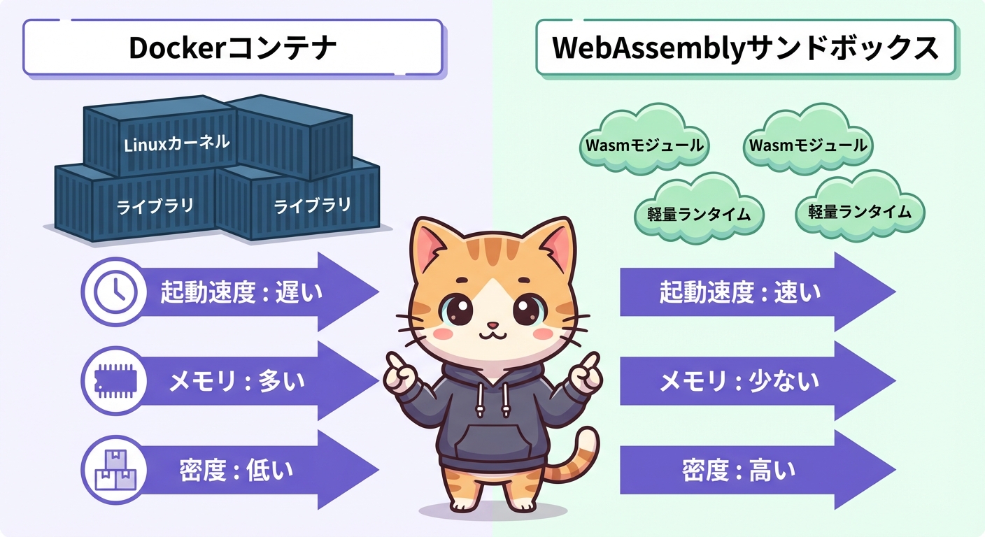 DockerコンテナとWebAssemblyの分離モデルを比較するインフォグラフィック