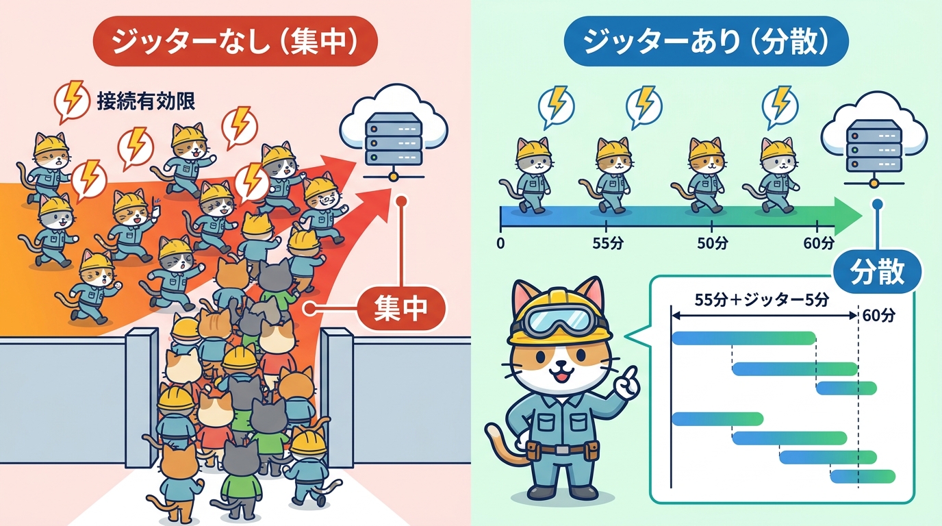 ジッターによって接続の失効タイミングを時間分散しthundering herdを回避する様子のインフォグラフィック