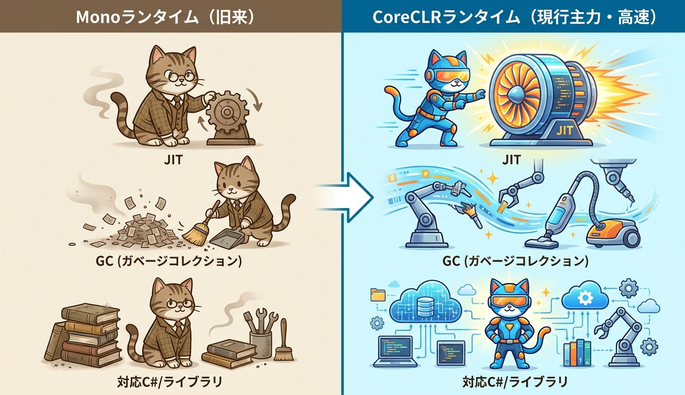 MonoランタイムとCoreCLRランタイムの技術的特性を比較した図