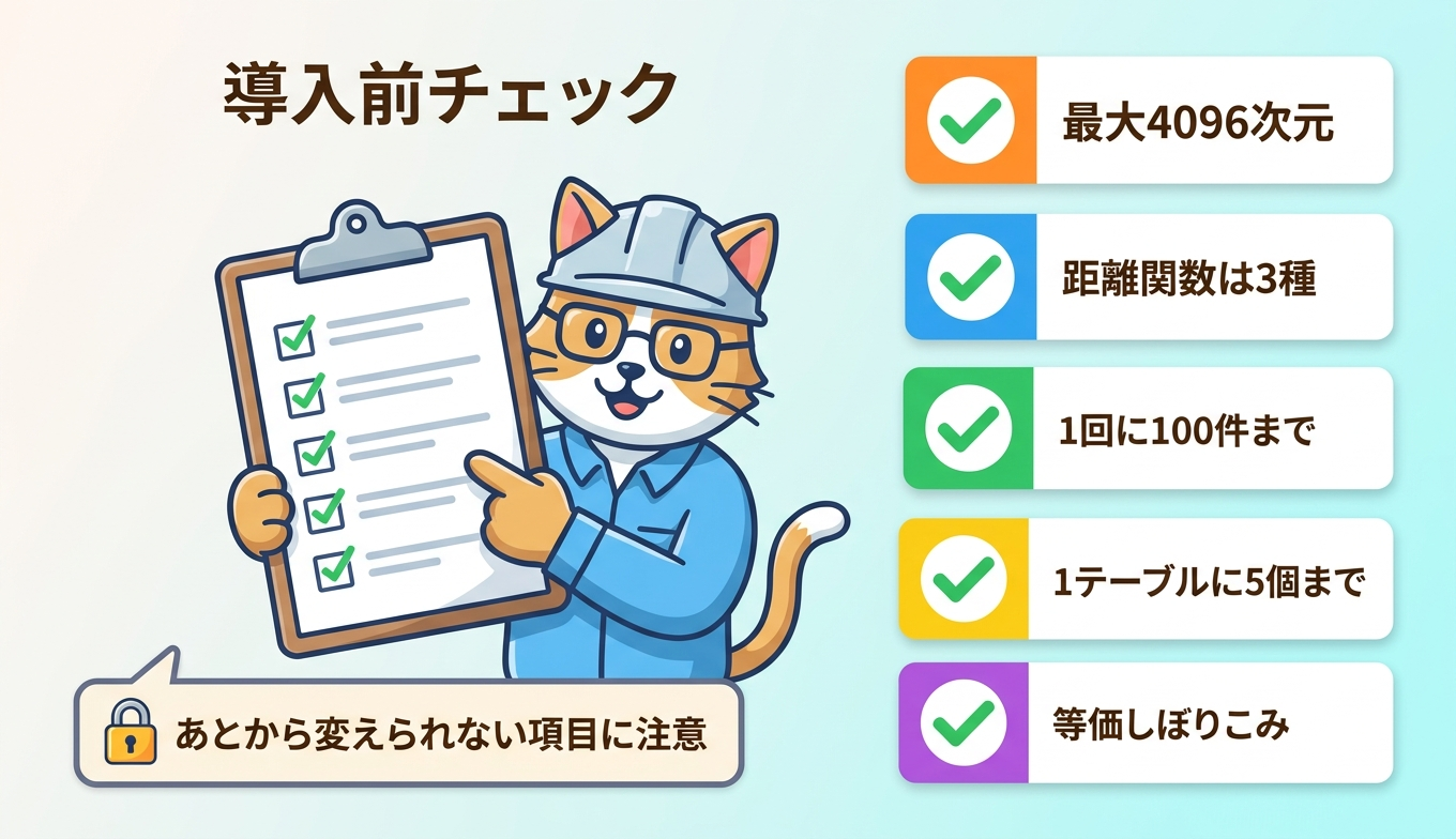 最大4096次元や距離関数3種、1回最大100件、1テーブル最大5インデックス、オンデマンドのみ、等価フィルタのみといった主要仕様を並べたチェックリスト風の図解