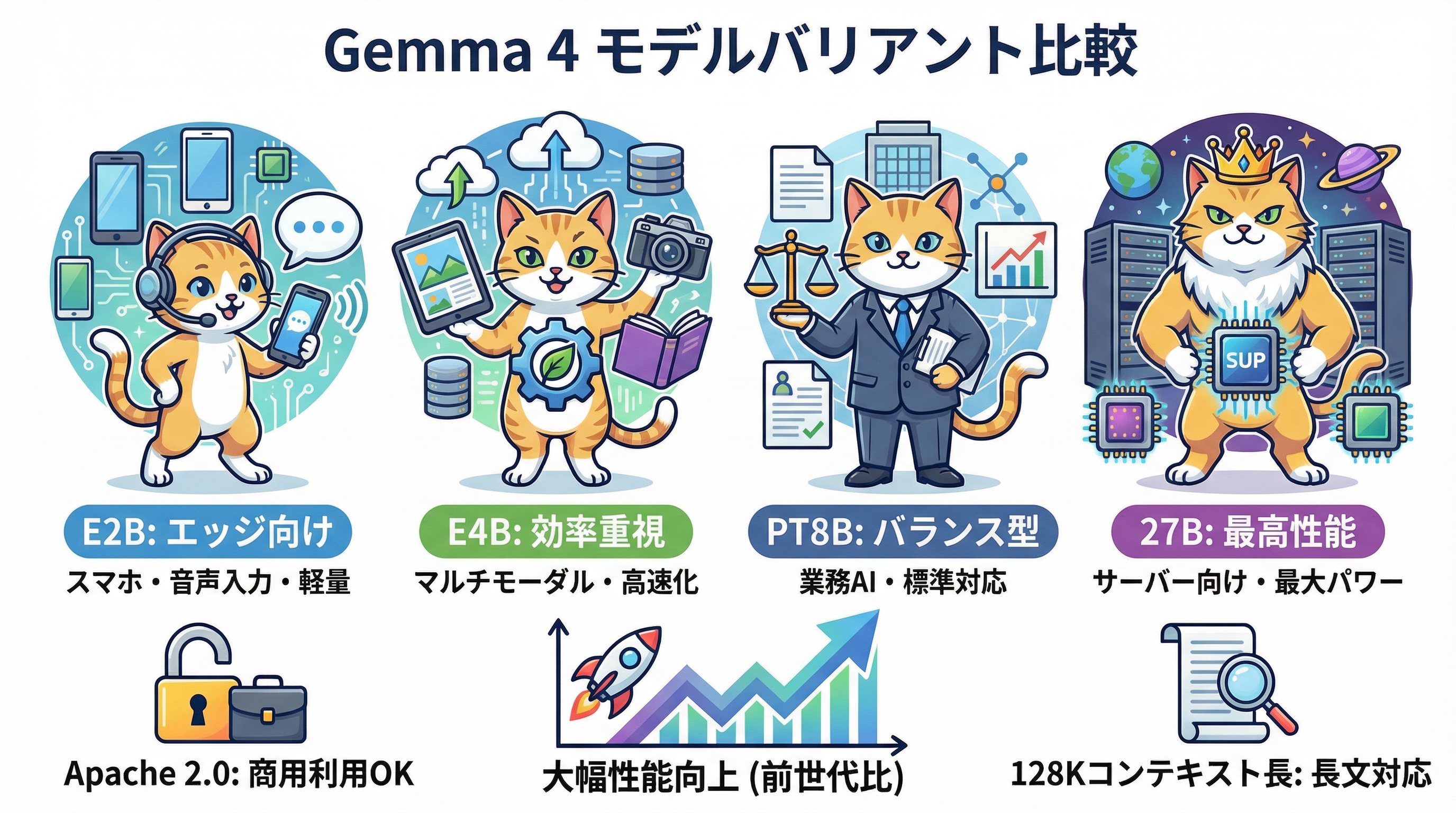 Gemma 4 モデルファミリー比較 — E2B・E4B・26B・31Bの4バリアント