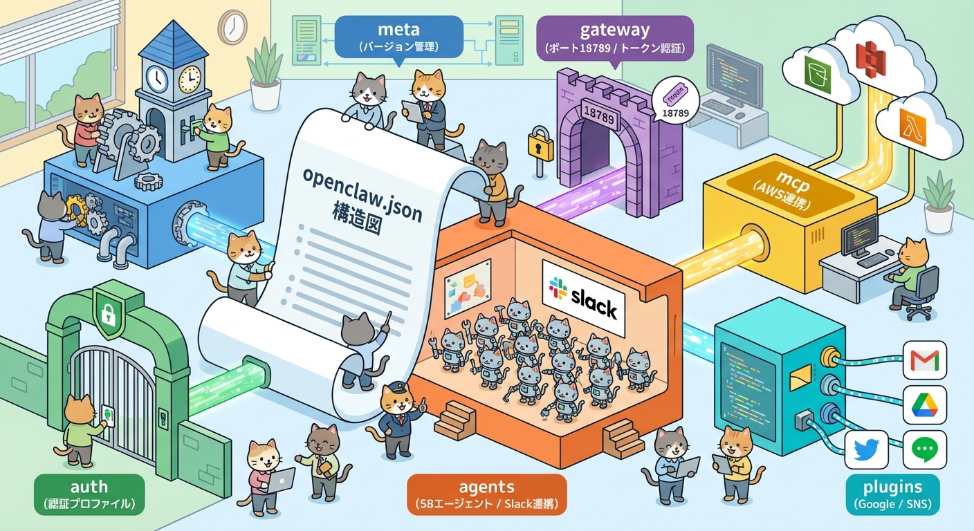 openclaw.jsonの構造とエージェント・チャネルマッピングの概念図
