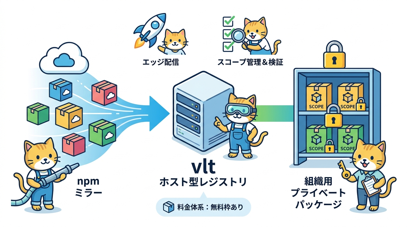npmミラーとプライベートレジストリを表すイラスト