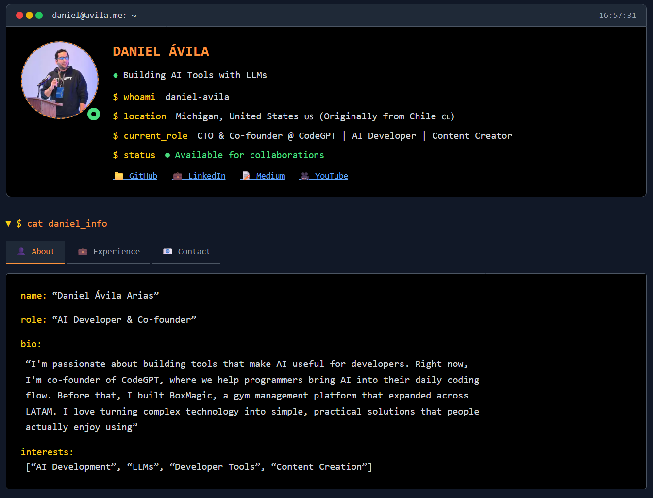 ダニエル・アビラ氏は、AI開発者でCodeGPT共同創業者兼CTO、Claude Code TemplatesなどのOSSを手掛ける実績豊富なエンジニアです。