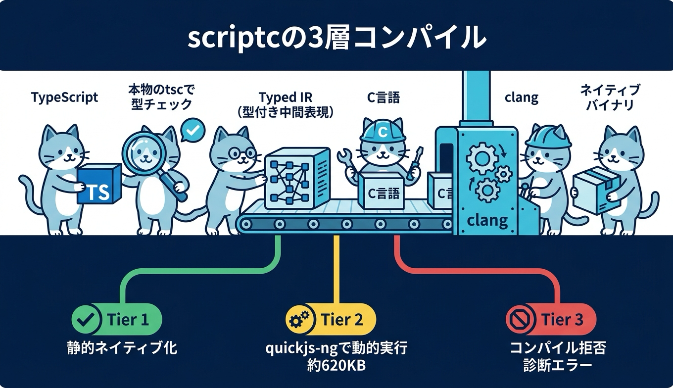 TypeScriptを本物のtscで型チェックしてからTyped IRとC言語を経てclangでネイティブバイナリ化する3層コンパイルの流れを示す図