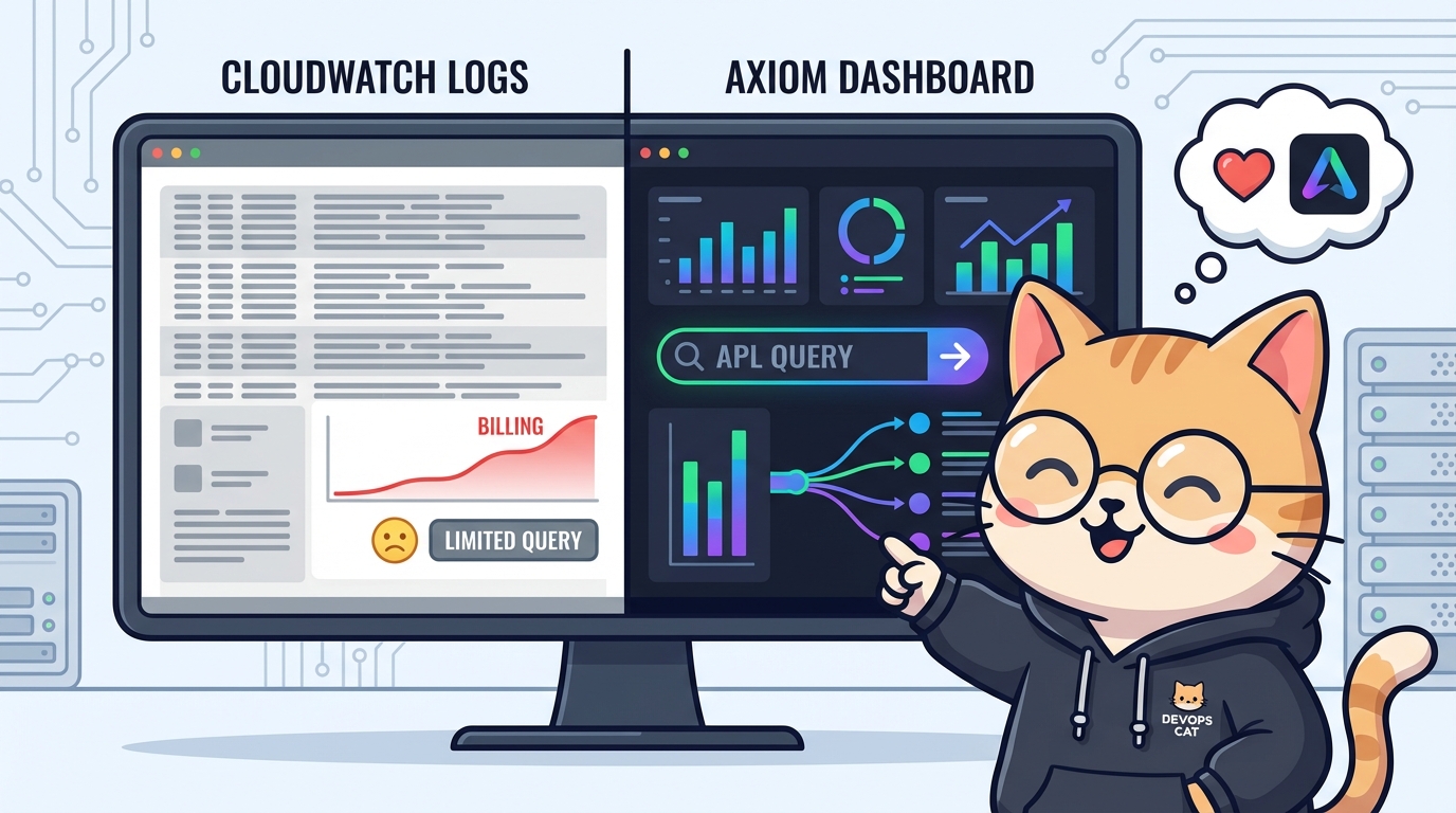 AxiomとCloudWatchのダッシュボードを比較するエンジニア猫のイラスト