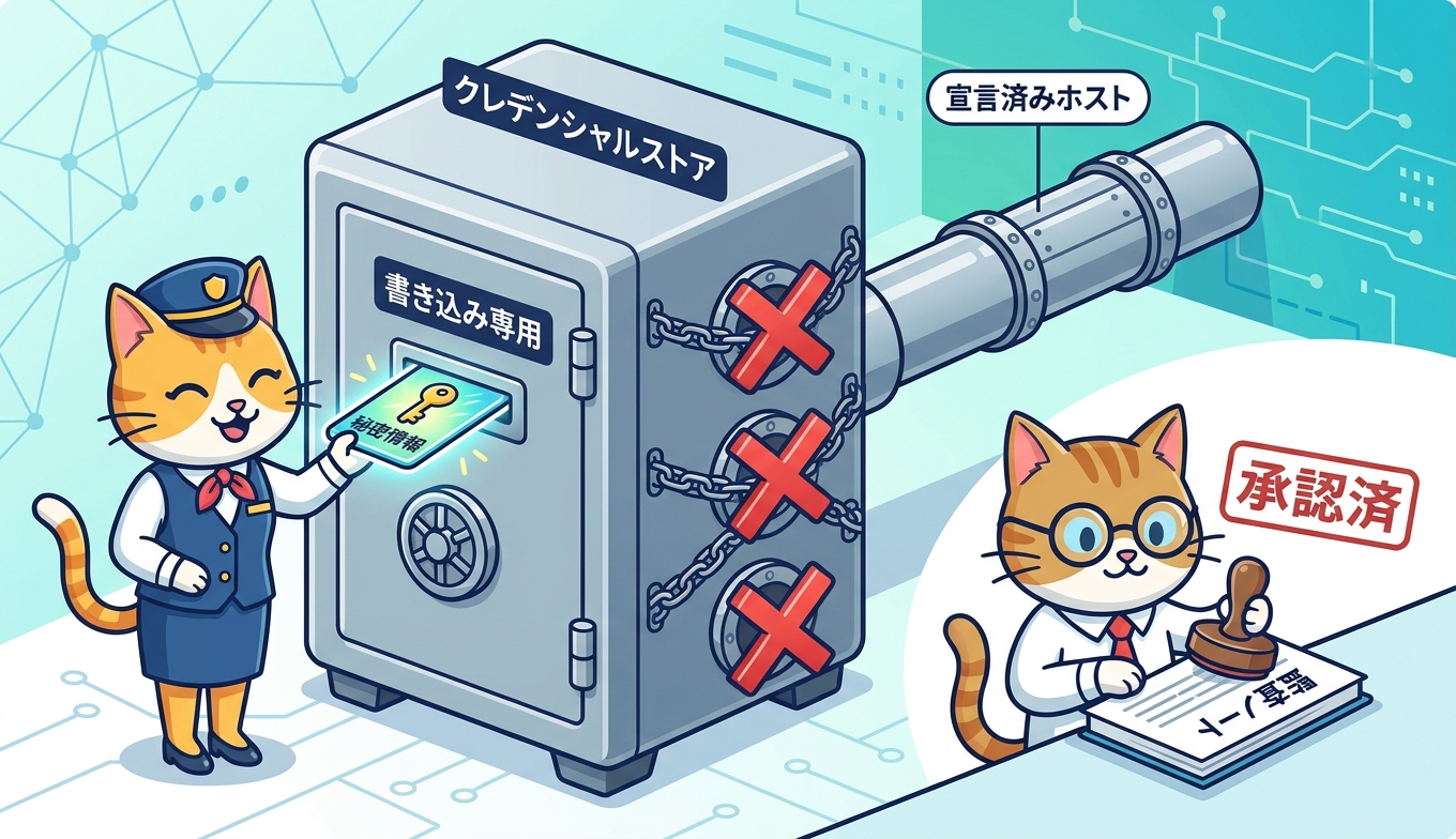 金庫の書き込み専用投入口に鍵マークの秘密情報を入れる受付係の猫と、値を見ずにスタンプを押す監査担当の猫のイラスト