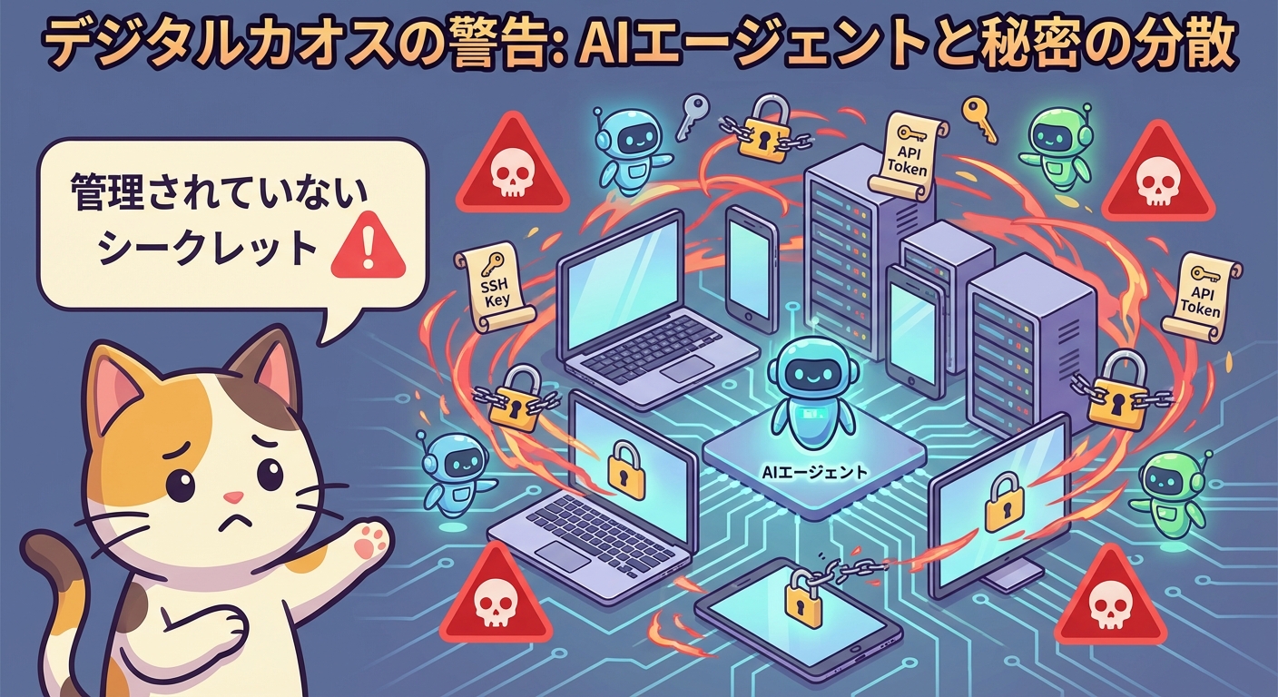 AIエージェントとシークレット管理の混乱を示すインフォグラフィック