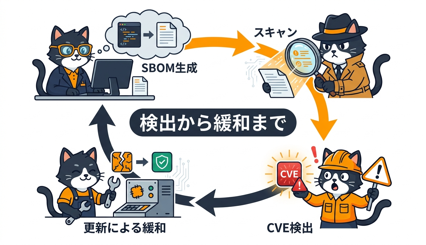 SbomgenがCycloneDX SBOMを生成しInspector Scan APIへ送り脆弱な依存とCVEを提示し更新へ戻るループを描いた検出緩和フロー図