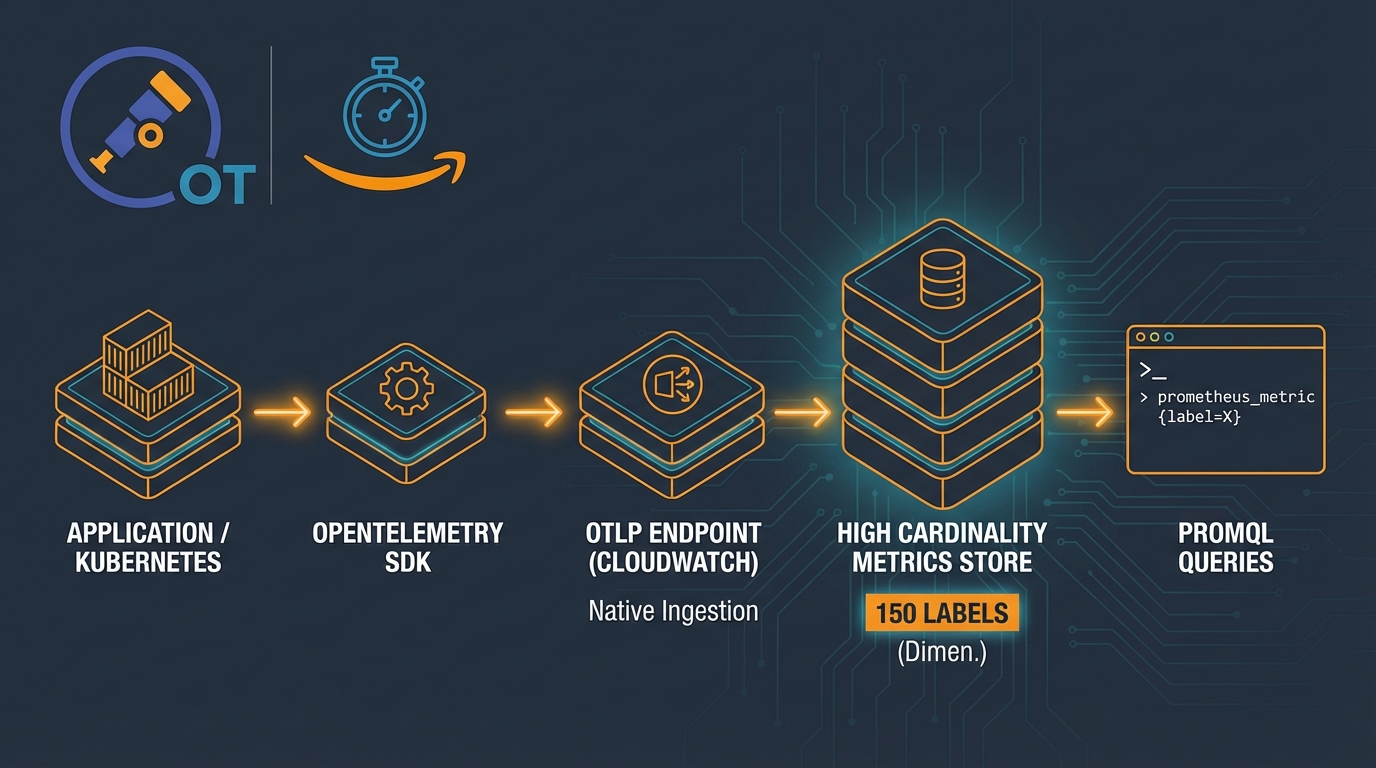 OpenTelemetryのベンダー中立なオブザーバビリティフレームワークとCloudWatchへのOTLP直接送信のイメージ図