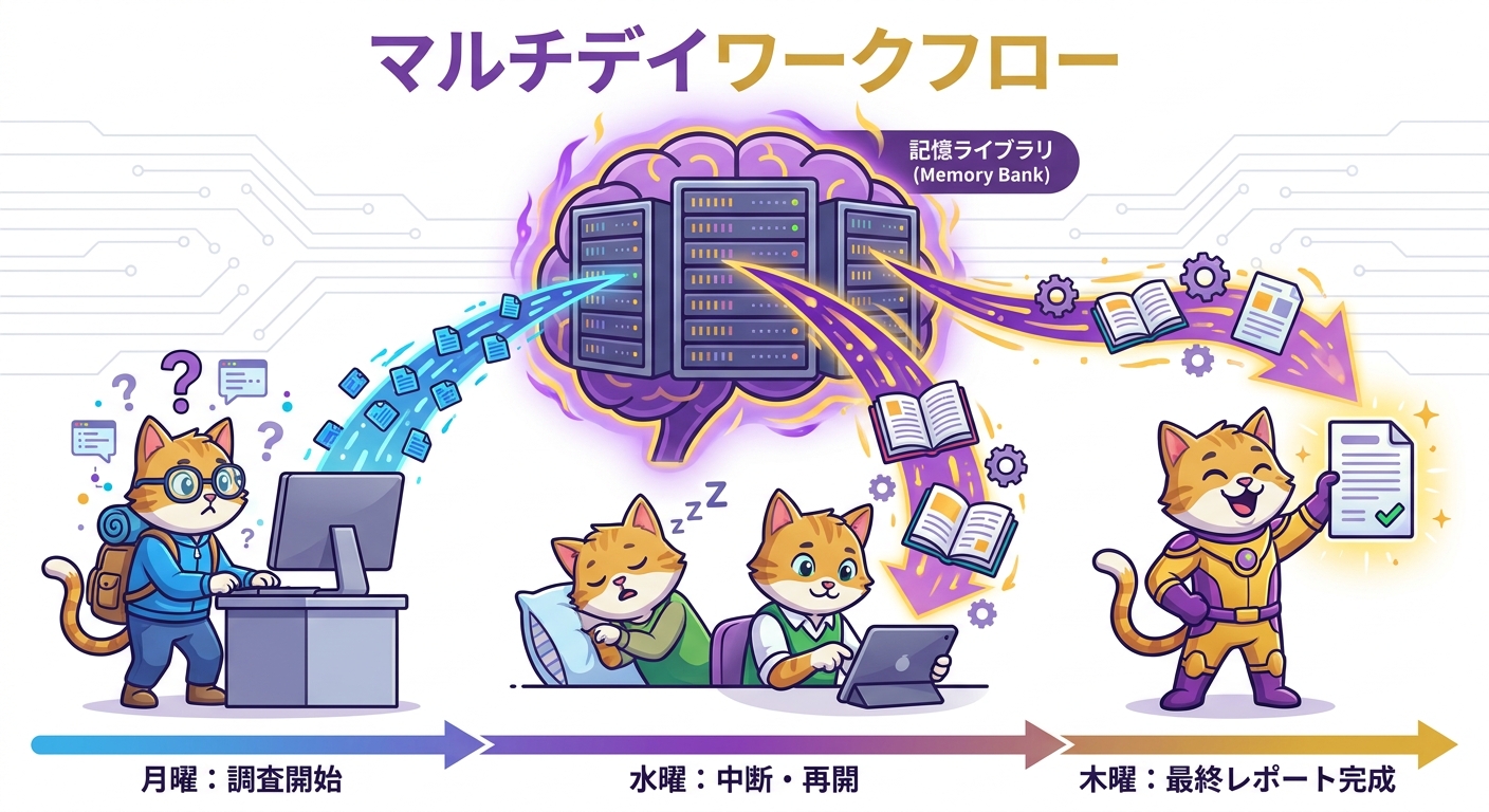 Agent EngineとMemory Bankによるマルチセッション実行フロー図