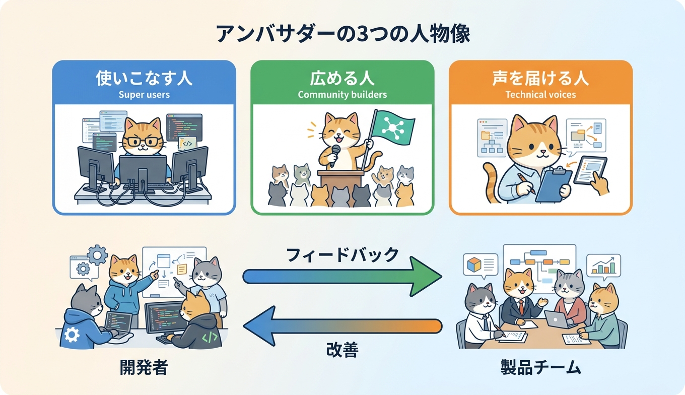 Kiroアンバサダーの3類型と双方向フィードバックの図