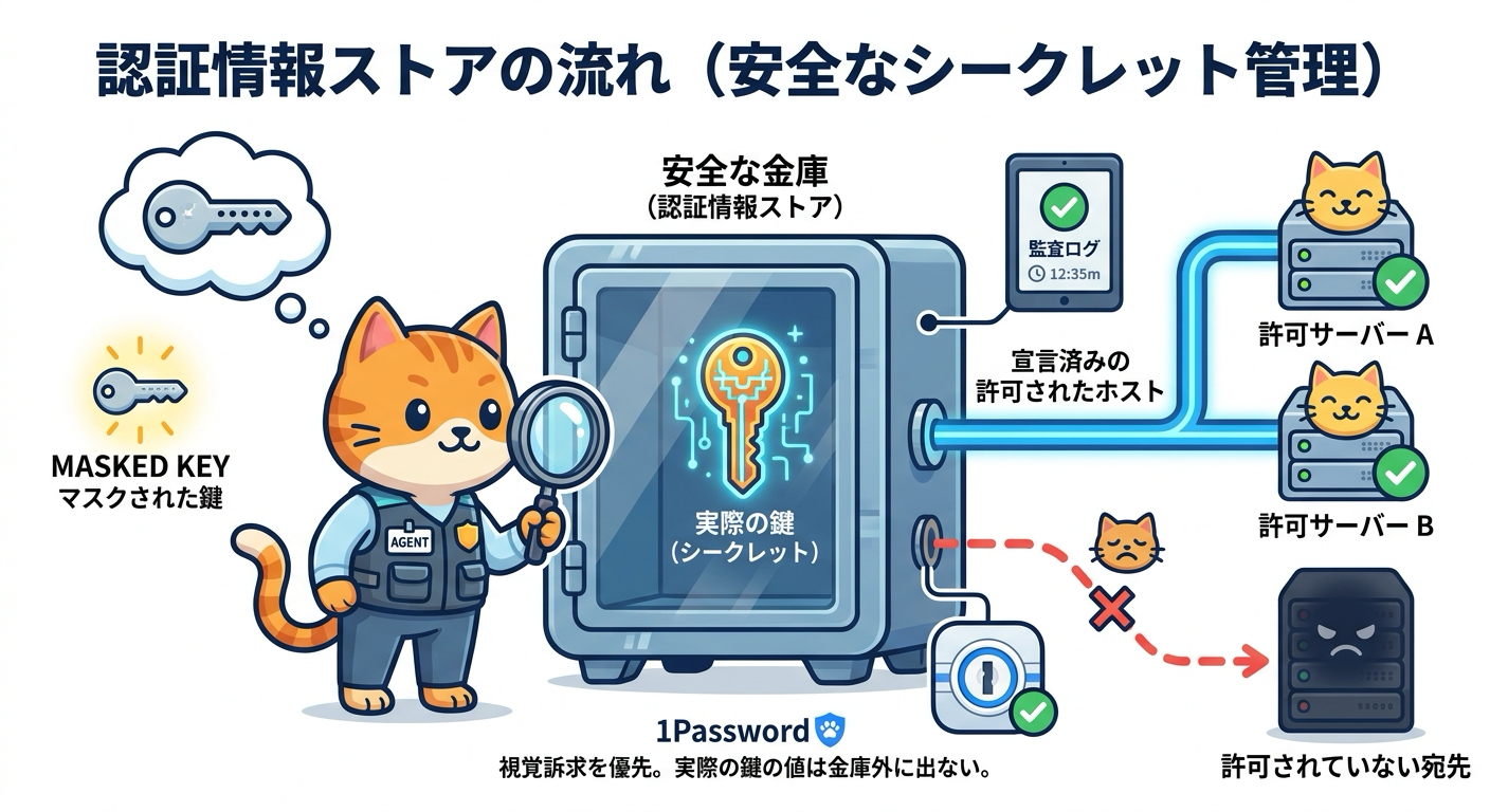 認証情報ストアから宣言済みホストへのアクセスと1Password連携による監査の流れ