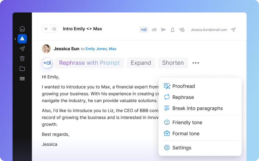 送りたい内容を入力するだけで、Spark +AIがあなたのライティングスタイルでメールを下書き