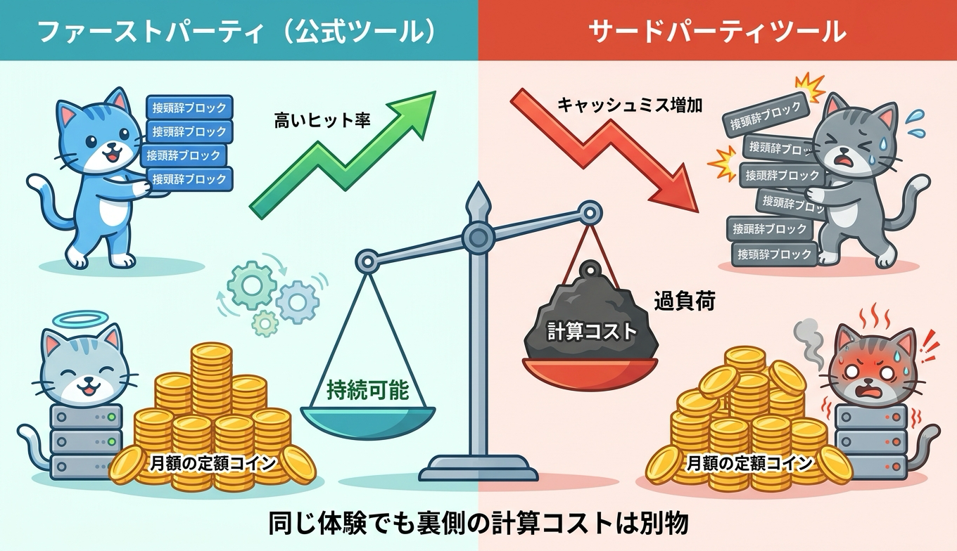 ファーストパーティとサードパーティの計算負荷の違いを擬人化した猫で対比するインフォグラフィック