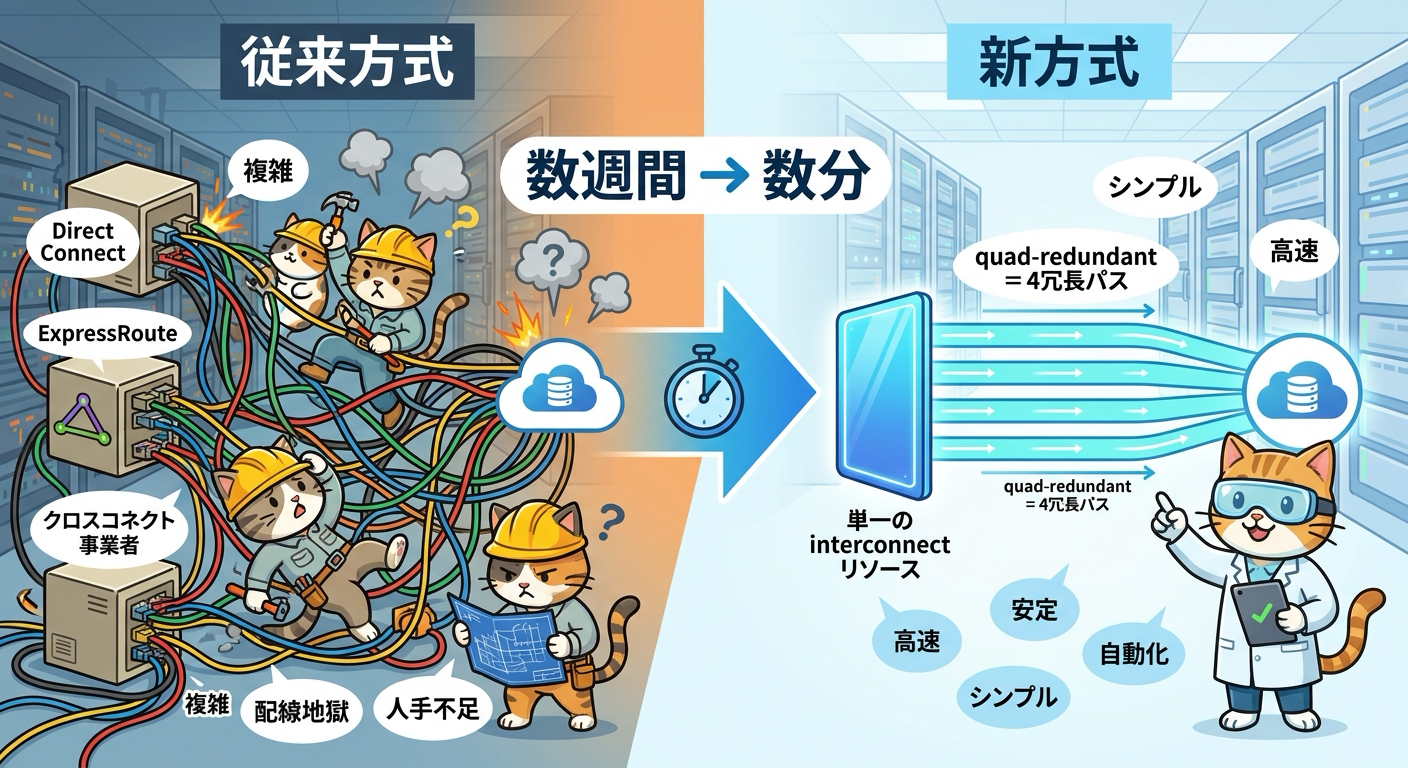 従来の手組み方式と単一リソースで完結する新方式を左右で対比した概念図