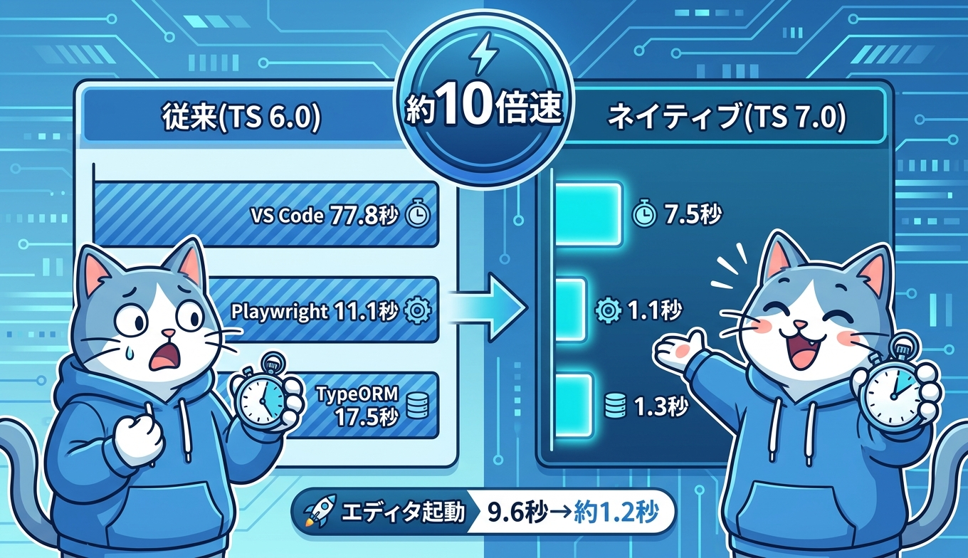 TypeScript 7.0のビルド時間ベンチマークを従来版とネイティブ版で比較したインフォグラフィック