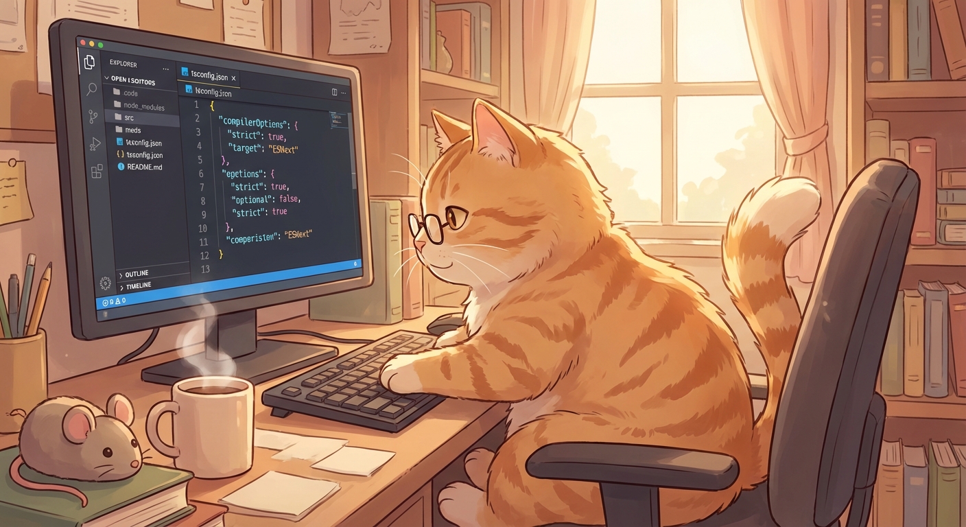 tsconfig.jsonでTypeScriptの設定をするネコ