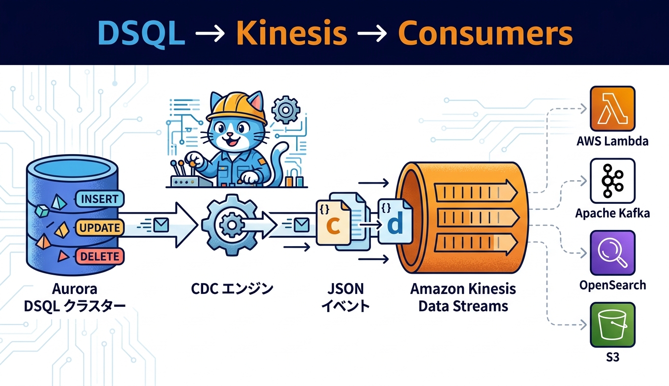 DSQLからKinesisへ流れるCDCの構成図