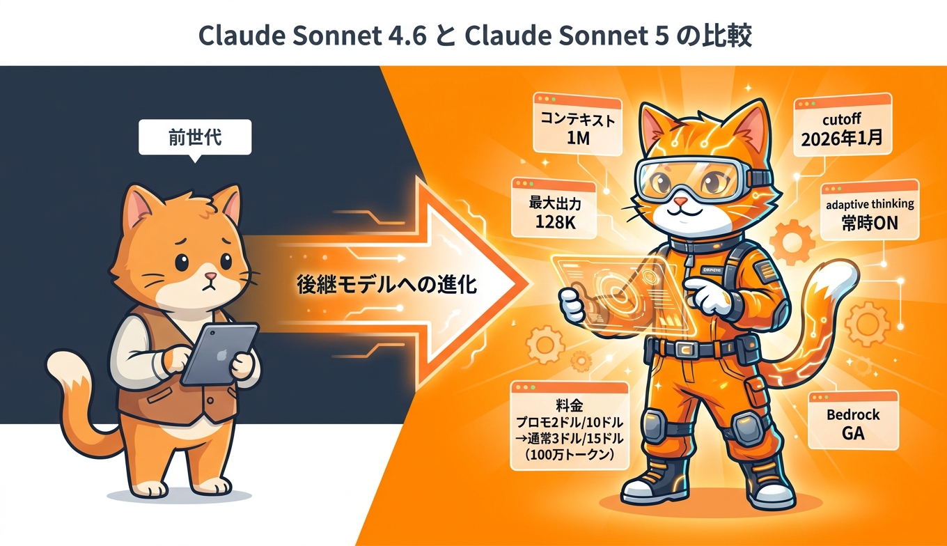 Claude Sonnet 4.6とClaude Sonnet 5の主要スペックと価格を対比した比較図