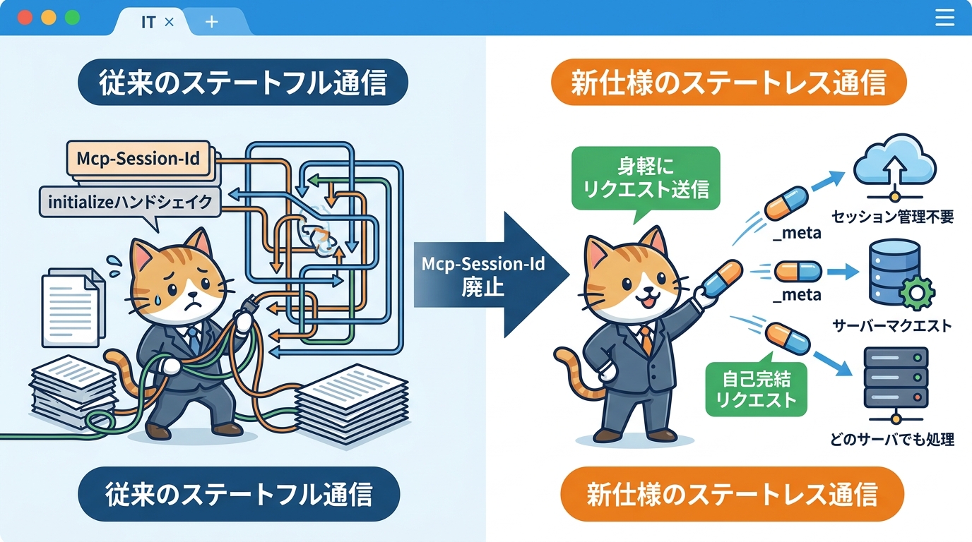 MCPのステートフル通信とステートレス通信の比較図