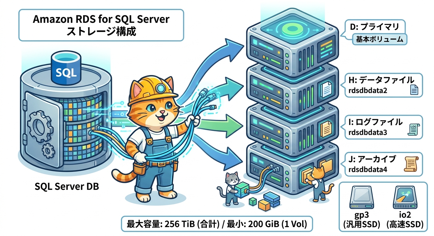 Amazon RDS for SQL Server 追加ストレージボリューム構成図（H:、I:、J: ドライブへの分散配置）