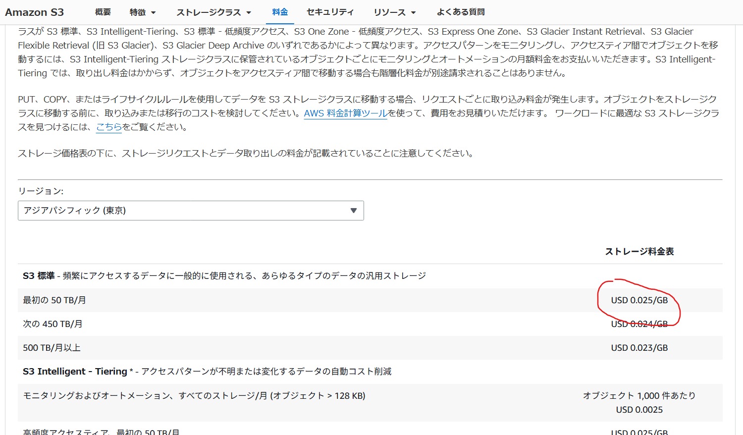 東京リージョンでのS3 Standardの料金は約$0.025/GB・月