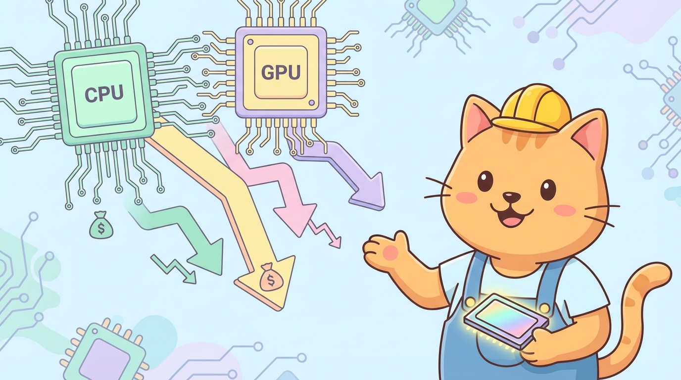 推論特化シリコンとコスト削減要因を示す猫エンジニアのインフォグラフィック