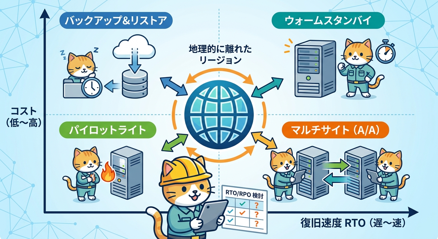 4つのDR戦略とRTO・RPOの比較インフォグラフィック