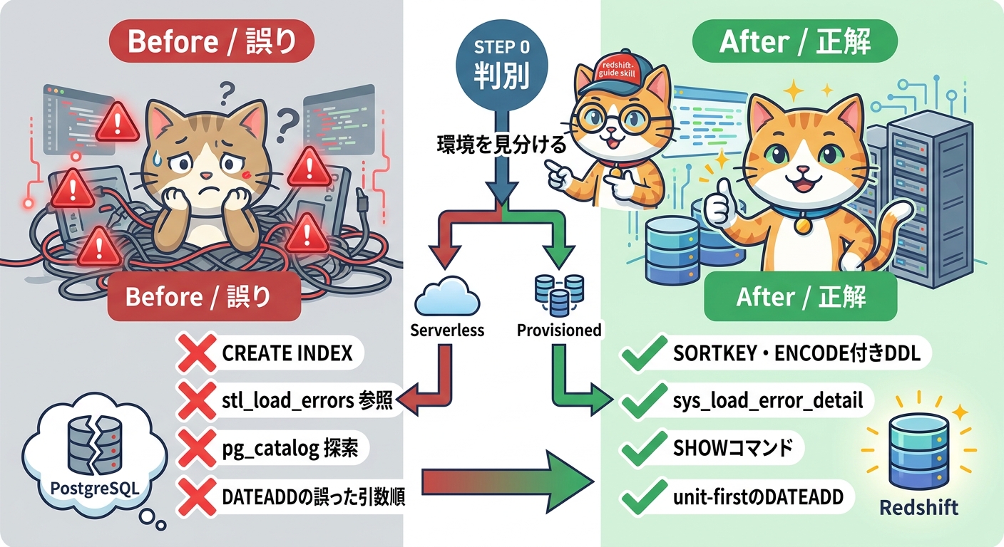PostgreSQL流の誤りをredshift-guide skillがRedshift固有の正解へ矯正する対比
