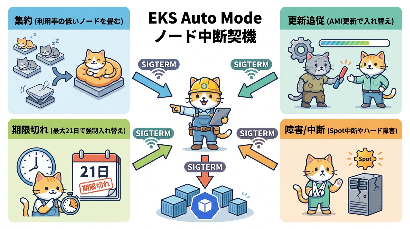 EKS Auto ModeのノードをKarpenterがConsolidation、Drift、Expiration、Interruptionの4つの契機で中断し、対象ノード上のPodにSIGTERMが送られる流れを示した概念図