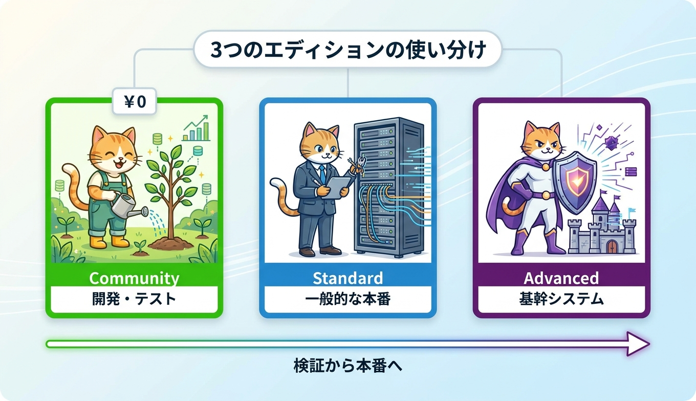 Community / Standard / Advanced の3つのエディションの使い分けを示す図