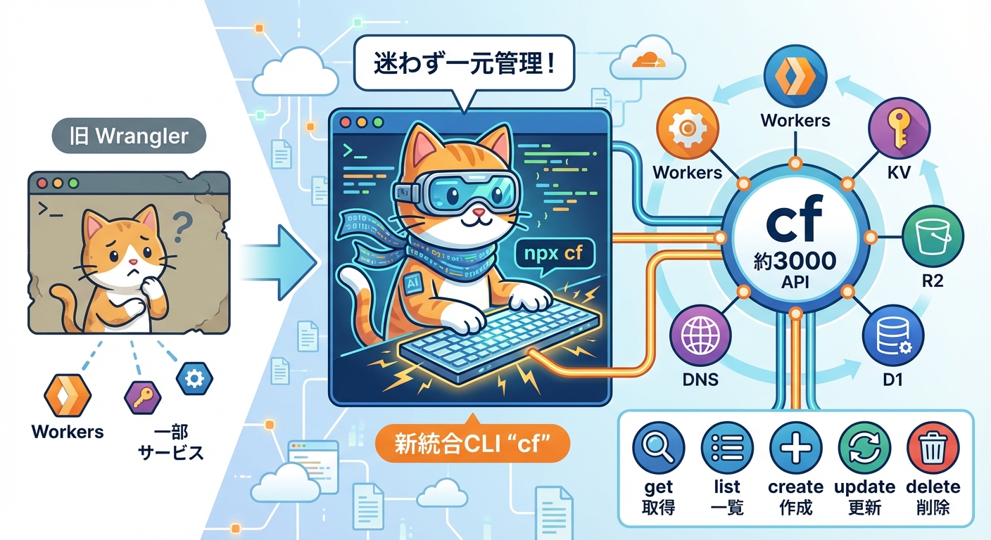 CloudflareのAIエージェント向け新CLI「cf」の概要図