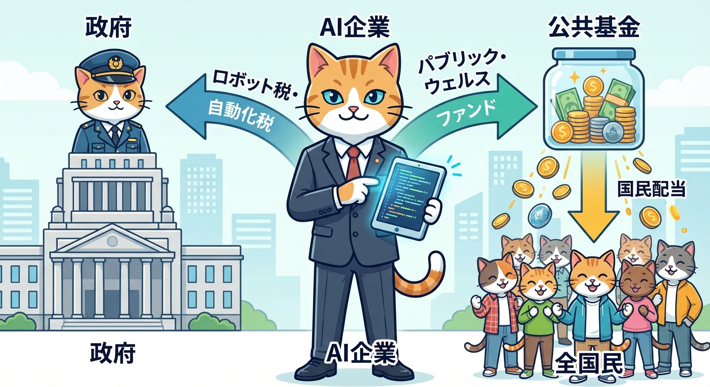 パブリック・ウェルス・ファンドとロボット税の仕組みを示すインフォグラフィック