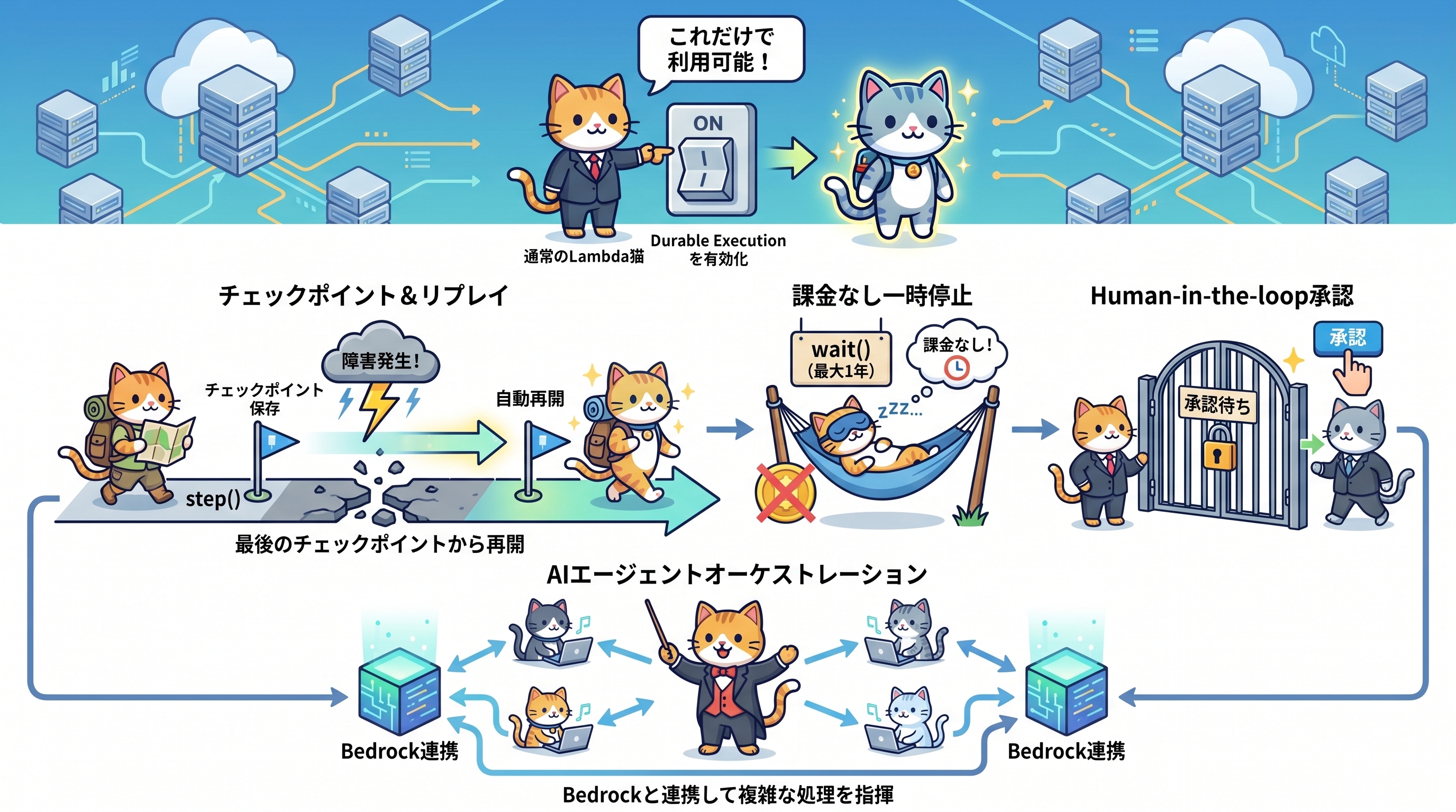 Lambda durable functionsのチェックポイント＆リプレイの仕組みを示すインフォグラフィック